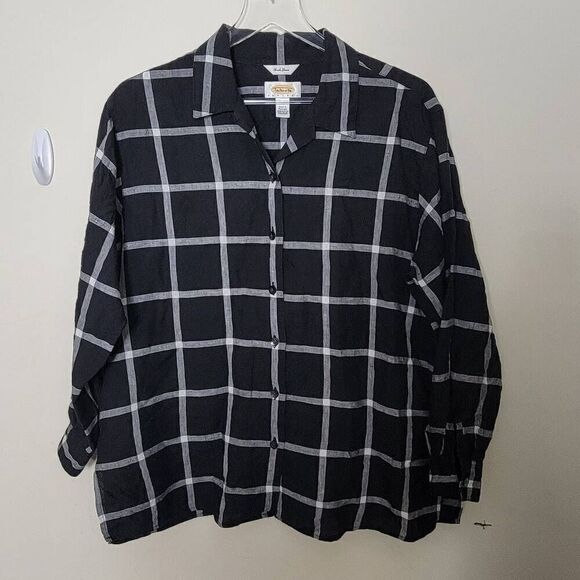 Talbots Tops - Talbots Petites Irish Linen Size 14 Long Sleeve Black White Windowpane Check Lag